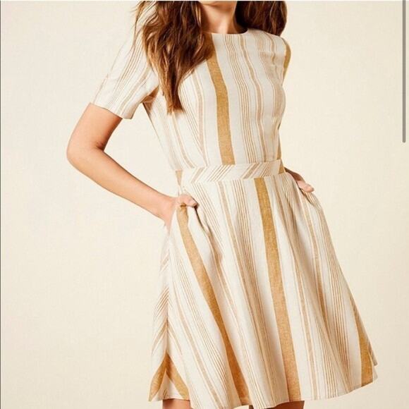 A Loves A Dresses & Skirts - New Anthropologie A Loves A Linen Blend Striped Gold Cream Fit & Flare Dress XS